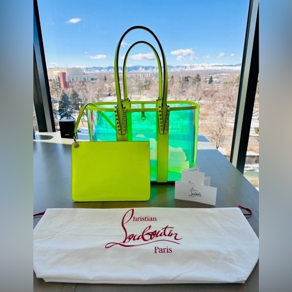 Christian Louboutin Iridescent Fluo Yellow PVC Cabata Small Tote *NWT - Picture 1 of 15
